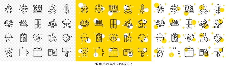 Outline Refrigerator, Web3 and Report line icons pack for web with Consulting business, Builders union, Thermometer line icon. Best glasses, Instruction info. Yellow design with 3d stars. Vector