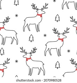 Outline reindeer on white background seamless pattern background. Cartoon style design for winter Christmas party. or Christmas vector illustration