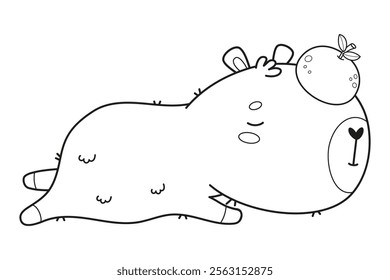 Outline relax sleeping Capybara with tangerine. Funny calm cartoon kawaii character. Line drawing, coloring book. Vector illustration. Kids collection