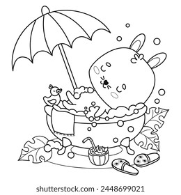 Outline relaxed bunny soaking in bubble bath with rubber duck, under sun umbrella. Whimsical vacation atmosphere in bathroom with animal character. Vector illustration. Line drawing, coloring book