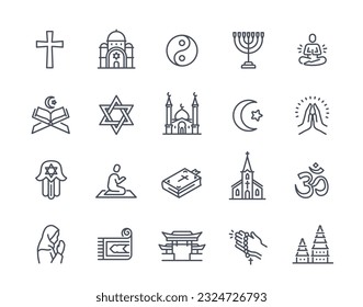 Outline religious icons set. Sacred church and bible, quran and mosque, temple and meditation. Buddhism, Christianity and Islam concept. Linear flat vector collection isolated on white background