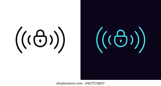 Outline remote lock icon, with editable stroke. Wireless lock sign with radio waves. Remote protection, distance lock and unlock, remote block and unblock system, wireless security control. Vector