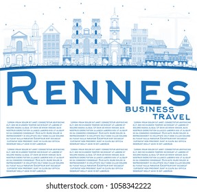 Outline Rennes France City Skyline with Blue Buildings and Copy Space. Vector Illustration. Business Travel and Tourism Concept with Historic Architecture. Rennes Cityscape with Landmarks.