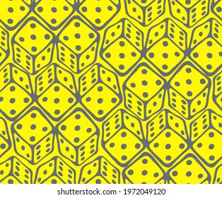 Outline repeated gray game cubes in doodle style on yellow illuminating. Playing cubes in ornamental seamless pattern perfect for kids playroom, textiles, packaging. Stay home hobby time.