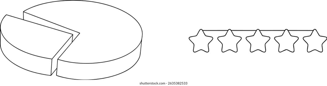 Outline representation of a pie chart depicting data and a string of five stars for ranking