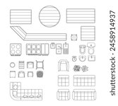 Outline restaurant furniture. Top view icons for cafe layout. Cafe blueprint objects. Pub line drawing. Kitchen industrial scheme elements. Vector illustration