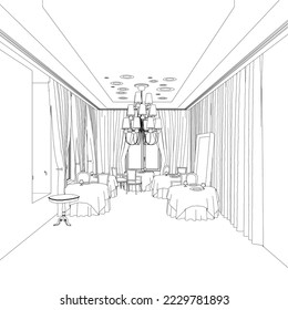 Outline of restaurant interior with laid tables in retro style from black lines isolated on white background. 3D. Vector illustration.