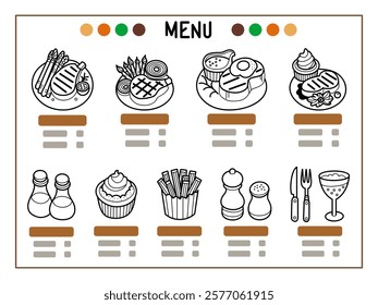 Outline restaurant menu design, black and white steak and beverage menu illustration, cute doodle line art food icon collection.