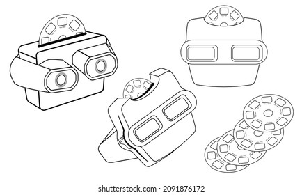 Outline Retro 3D Photo Viewer And Reel On White. Old Vintage Toy. Rear View. Flat Design Cartoon Concept. Vector, Illustration