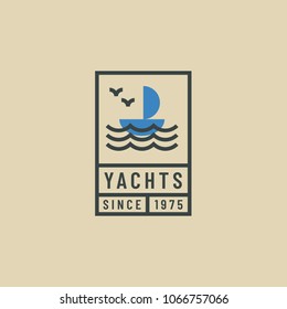 Outline retro emblem of yacht. Hipster logo of yacht. Boats rent concept.
