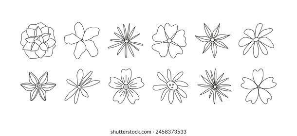 Outline retro flowers. Hand drawn line art. Flower power. Floral summer and spring medow. Black and white doodles. Editable contour. Coloring book.	