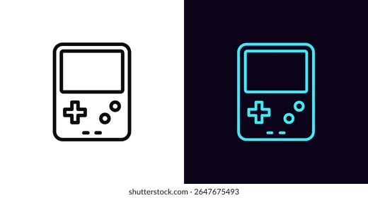 Contornar ícone de jogo retrô, com traçado editável. Ícone de console de jogos portátil, jogos de vídeo arcade retro. Vintage dispositivo de jogo com tela e botões de controle, jogar para arcade gadget. Ícone de vetor