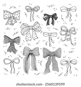 Outline retro gift bow knots set. Wedding, holiday, party birthday decoration, gift, present