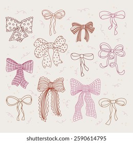 Outline retro gift bow knots set. Wedding, holiday, party birthday decoration, gift, present