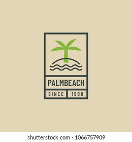 Outline Retro Logo Of Palm Tree. Hipster Emblem For Beach Lovers. Vacation And Travel Concept.