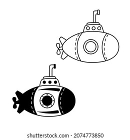 Outline retro submarine bathyscaphe with porthole and periscope. Childish vector illustration isolated on white background