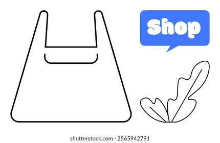 Outline of a reusable shopping bag black leaf illustration and blue bubble with text promoting shopping. Ideal for eco-friendly shops sustainable shopping campaigns reusable bag awareness