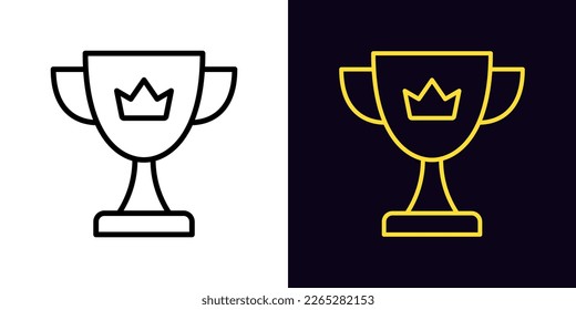 Outline reward cup icon, with editable stroke. Royal golden cup with crown sign, winner pictogram. Royal sport reward, champion trophy, success goblet, victory triumph, prize award. Vector icon