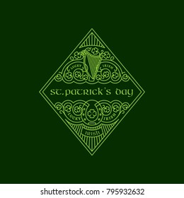 Outline rhombic badge with harp, horseshoe, shamrock leaves, floral ornament. Vector illustration.