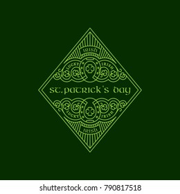 Outline rhombic badge with horseshoes, shamrock leaves, floral ornament. Vector illustration.