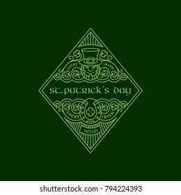 Outline rhombic badge with leprechaun, horseshoe, shamrock leaves, floral ornament. Vector illustration.