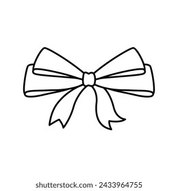 Outline ribbon for hair. Flat vector illustration. Trendy bow for presents wrapping. Gift birthday sale decor. Cute vintage hairstyle element