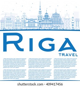 Outline Riga Skyline with Blue Landmarks and Copy Space. Vector Illustration. Business Travel and Tourism Concept with Historic Buildings. Image for Presentation Banner Placard and Web Site.