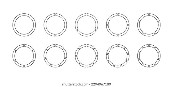 Outline ring chart. Pie diagram template divided into pieces. Round section graph. Circular structure. Set schemes. Piechart with segments and slices. Vector illustration