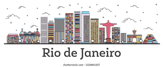 Umriss Rio de Janeiro Brasilien City Skyline mit Color Buildings isoliert auf Weiß. Vektorgrafik. Rio de Janeiro Stadtlandschaft mit Sehenswürdigkeiten. 