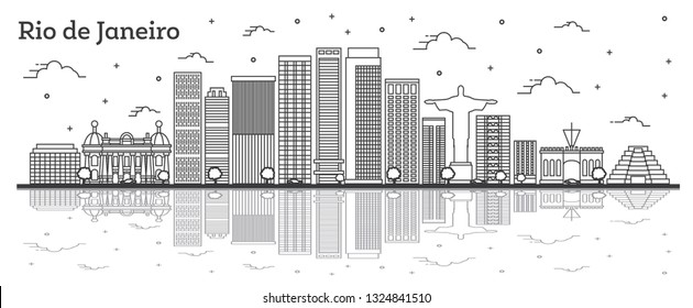 Outline Rio de Janeiro Brazil City Skyline with Modern Buildings and Reflections Isolated on White. Vector Illustration. Rio de Janeiro Cityscape with Landmarks. 