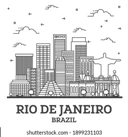 Outline Rio de Janeiro Brazil City Skyline with Modern Buildings Isolated on White. Vector Illustration. Rio de Janeiro Cityscape with Landmarks. 