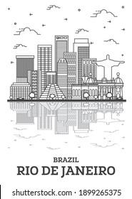 Outline Rio de Janeiro Brazil City Skyline with Modern Buildings and Reflections Isolated on White. Vector Illustration. Rio de Janeiro Cityscape with Landmarks. 