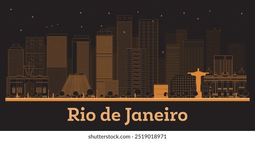 Umriss Rio de Janeiro Brasilien City Skyline mit orangefarbenen Gebäuden. Vektorgrafik. Geschäftsreisen und Tourismus Konzept mit moderner Architektur. Rio de Janeiro Stadtlandschaft mit Sehenswürdigkeiten.