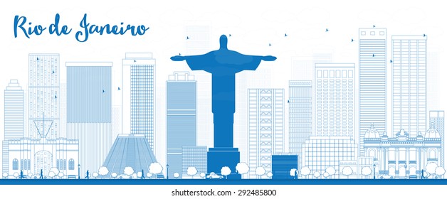 Outline Rio de Janeiro skyline with blue buildings. Vector illustration. Business travel and tourism concept with modern buildings. Image for presentation, banner, placard and web site.