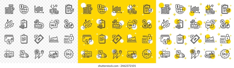 Outline Rise price, Cash back and Loan house line icons pack for web with Deflation, Flight sale, Rejected payment line icon. Candlestick chart, Clipboard, Discounts bubble pictogram icon. Vector