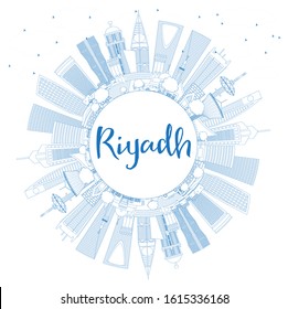Outline Riyadh Saudi Arabia City Skyline with Blue Buildings and Copy Space. Vector Illustration. Business Travel and Tourism Concept with Modern Architecture. Riyadh Cityscape with Landmarks.