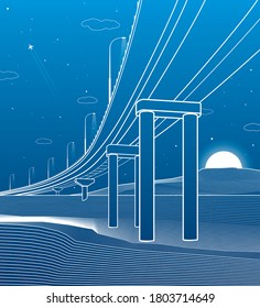 Outline road bridge. Car overpass. Infrastructure illustration. Vector design art. White lines on blue background.