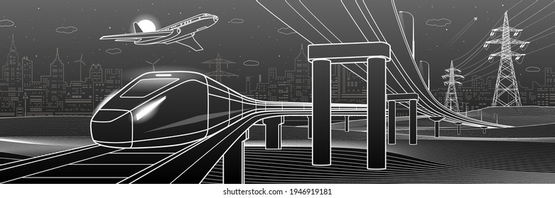 Outline road bridge. Car overpass. Train rides. Airplane fly. City Infrastructure and transport illustration. Urban scene. Vector design art. White lines on black background