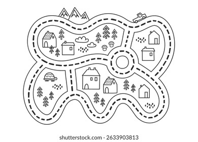 outline road map with roundabout, houses, forest trees, mountains, car, clouds, mushrooms and turtle in black line art style on white background, concept of coloring page, kids education, toy map