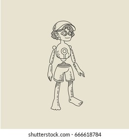 Outline robot boy in cap. Vector cartoon illustration. Cartoon character cute cyborg isolated.