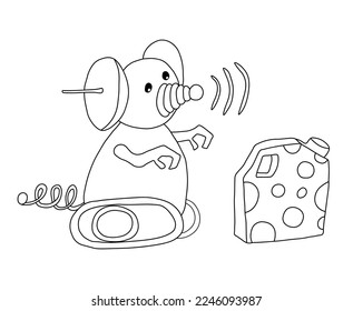 Outline of robot in the form of a mouse and a canister stylized as a cheese. Vector illustration on a white background