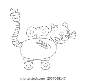 Outline of robot in the shape of a cat with a winding key. Vector illustration on a white background