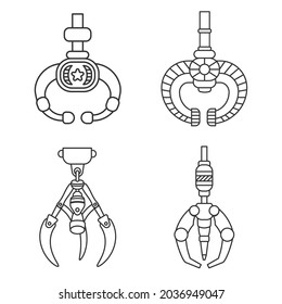 outline Robotic Claw set on a white background. Grip robotic claw in factory. Cartoon concept colorful Vector illustration of the claw game device.