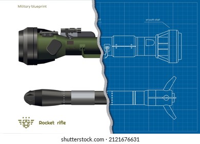 Vista lateral del lanzador de cohetes de esquema. Plan de tiro antitanque realista. arma de misiles 3d aislada. Dibujo de arma militar antitanque. Granada de mano armada. Ilustración del vector
