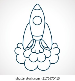 Outline Rocket Ship With Fire. Flat Line Icon. Vector Illustration With Flying Rocket. Space Travel. Black And White.