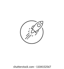 Outline rocket ship with fire flying out of circle isolated on white. Flat line icon. Vector illustration with flying rocket. Space travel. Project start up sign. Creative idea symbol. Black and white