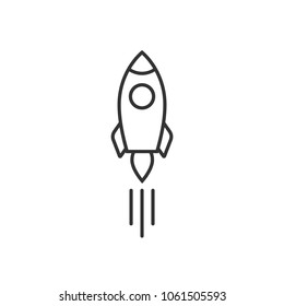 Outline rocket ship with fire. Isolated on white. Flat line icon. Vector illustration with flying rocket. Space travel. Project start up sign. Creative idea symbol. Black and white.