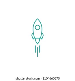 Outline rocket ship with fire. Isolated on white. Flat line icon. Vector illustration with flying rocket. Space travel. Project start up sign. Creative idea symbol. Blue and white.