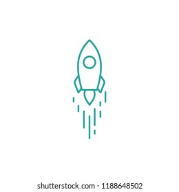 Outline rocket ship with fire. Isolated on white. Flat line icon. Vector illustration with flying rocket. Space travel. Project start up sign. Creative idea symbol. Blue and white.