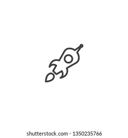 Outline rocket ship with fire. Isolated on white. Flat line icon. Vector illustration with flying rocket. Space travel. Project start up sign. Creative idea symbol. Black and white.